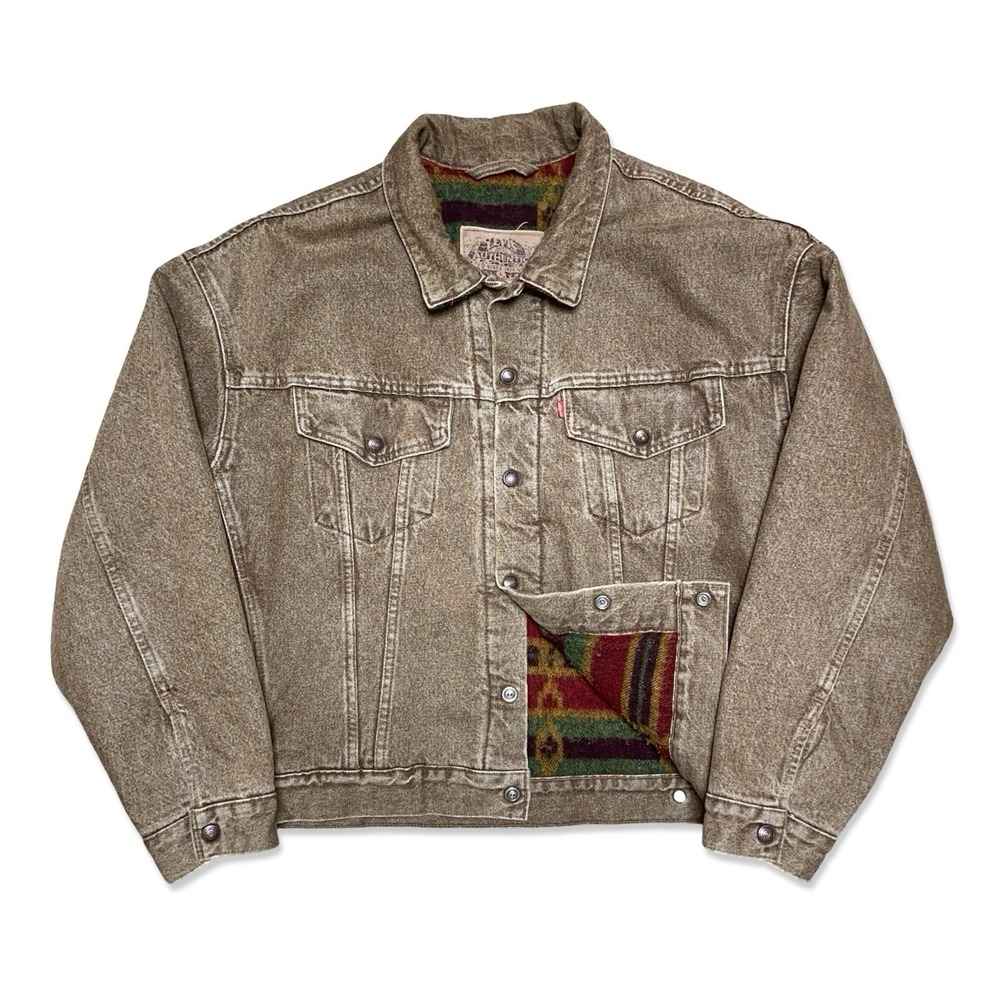 VTG Levi's Aztec Blanket Lined Denim Trucker Jacket Large Brown 1992 USA Made